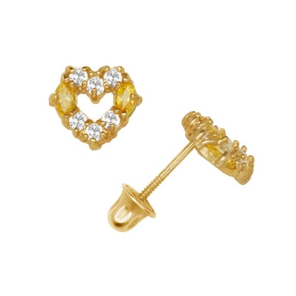 14K Solid Yellow Gold Heart Earrings Set With Cz And Marquise Shape Screw Backs - Picture 10 of 10